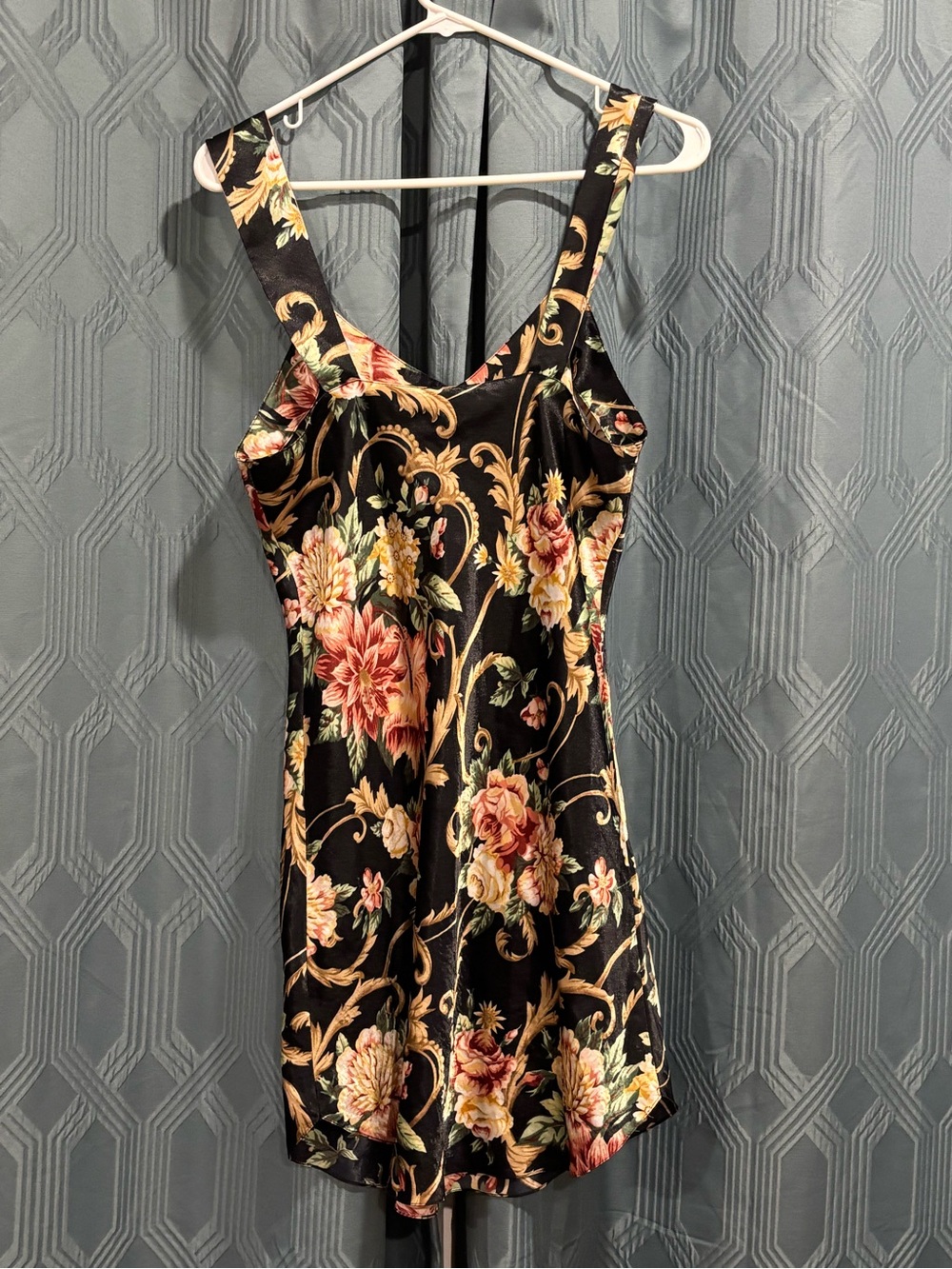 Amelia’s 90s Whimsigoth Satin Slip Dress in Black with Pink and Gold Bloom